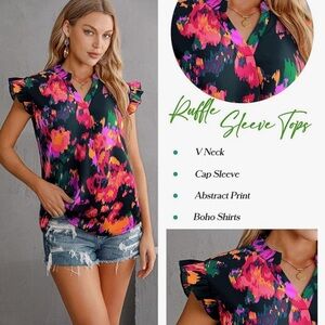 Floral Black and Pink Women's Top with Cap Sleeves